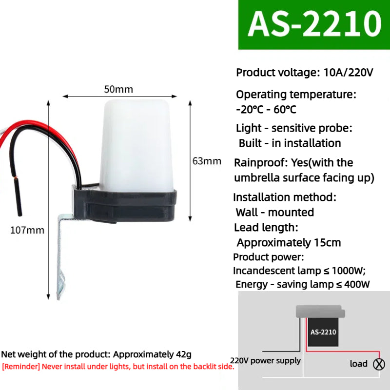 Kiven 220V Rainproof Light Sensor Switch AS-20, Automatic Night-On Photoelectric Switch, Smart Street Light Light Control Controller