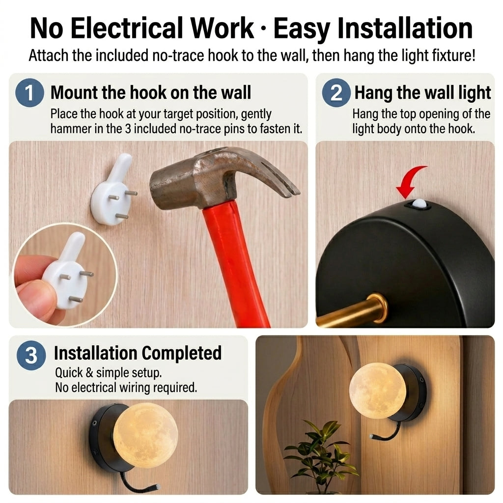 Easy 3-step damage-free wall mounting guide using included pin hooks