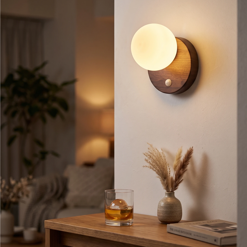 Rechargeable LED wall sconce with wooden base and globe shade creating cozy warm ambiance in a living room