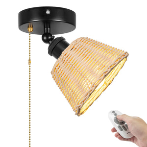 Adjustable Light, Zipper Switch 12V RV Industrial Woven Natural Boho Rattan Cover, E26 Socket Semi Flush Mount Interior Lighting Decorative for Boat Camper Hallway
