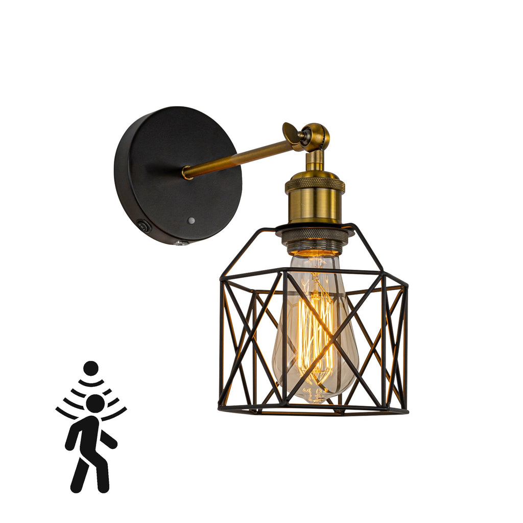 Industrial Rechargeable Motion Sensor Wall Sconce - Battery Powered Geometric Metal Cage Wall Light with Edison Bulb