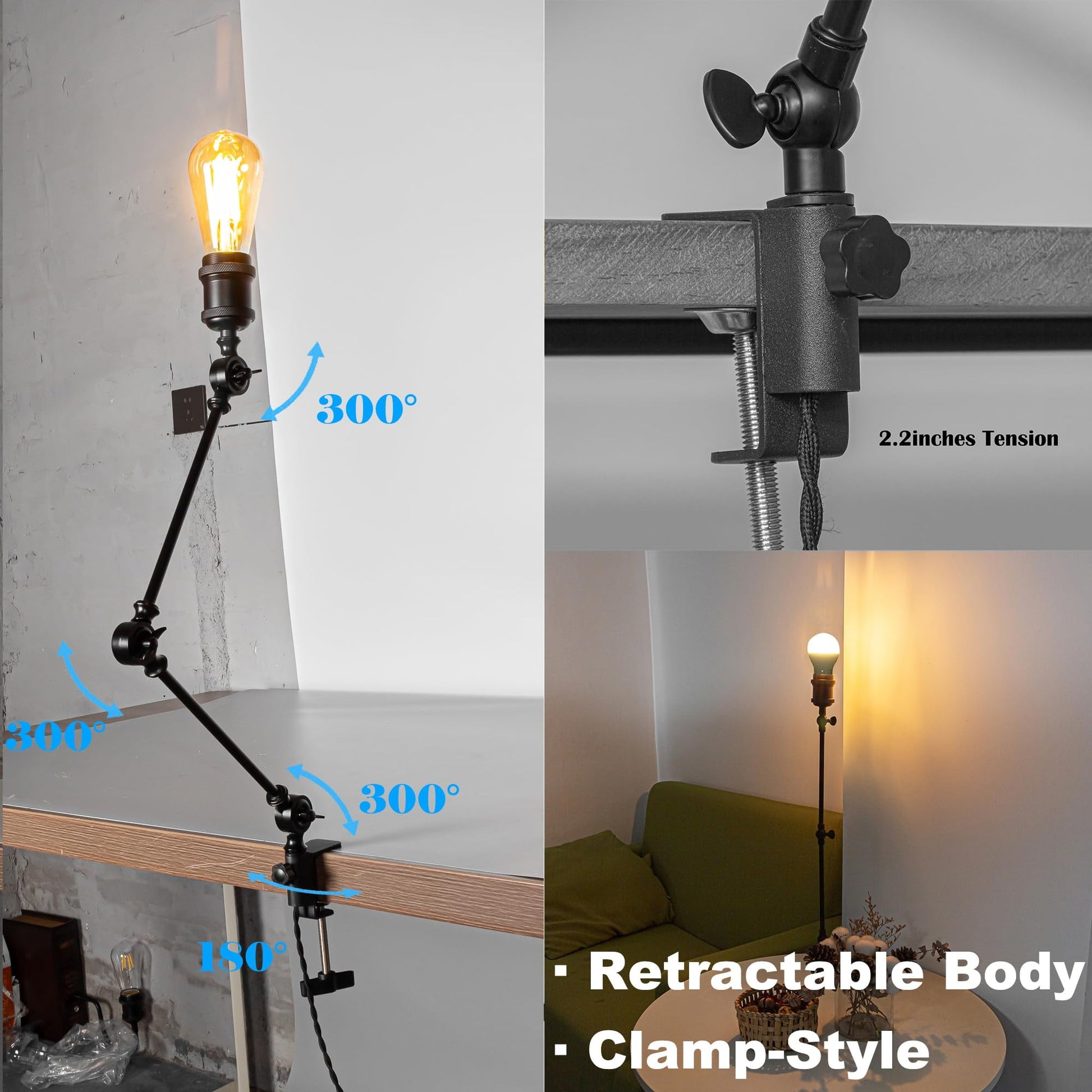 Kiven Dimmable Clip-on Desk Lamp, 1-Light Iron Industrial clip on light with Flexible Swing Arm, 8.2FT Plug in Cord, Decorative Clamp Lamp for Bookshelf Cabinet E26 Sokcet DZ0401