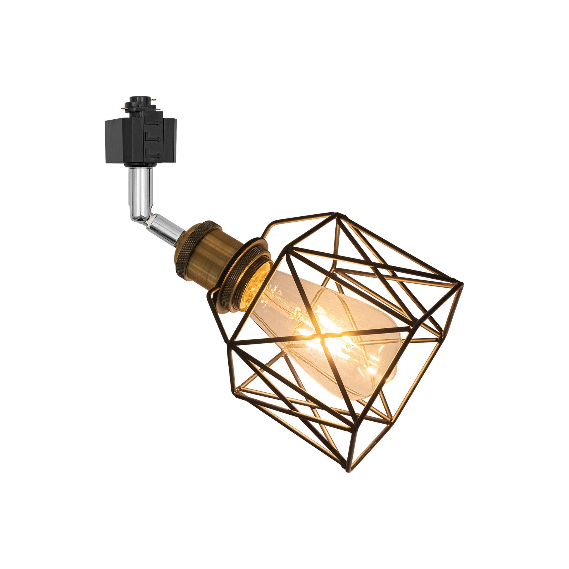 Black geometric cage track light with Edison bulb, vintage design, adjustable, accent lighting.