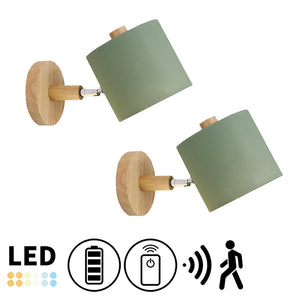 Customized Bulb Battery Wireless Wood Base Cylinder Shade Adjustable Wall Sconce(Grey/White/Green)