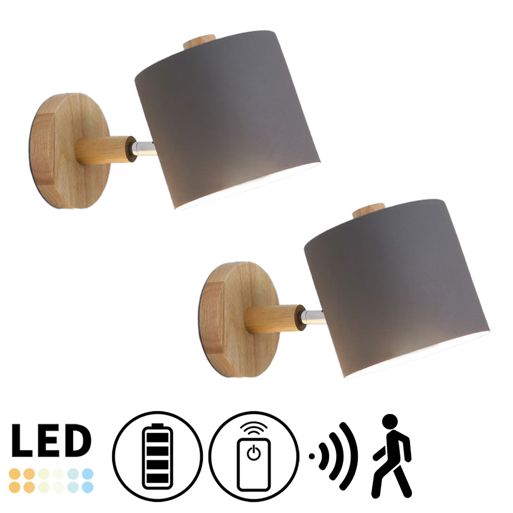 Kiven Lighting Battery-Powered Adjustable Wall Sconce, Gray Cylinder Shade, Wood Base, Wireless LED with Remote Control.
