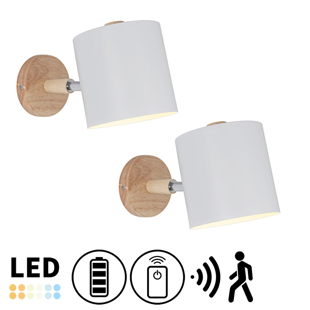 Kiven Lighting Battery-Powered Adjustable Wall Sconce, White cylinder shade, wood base, wireless install, LED with remote.