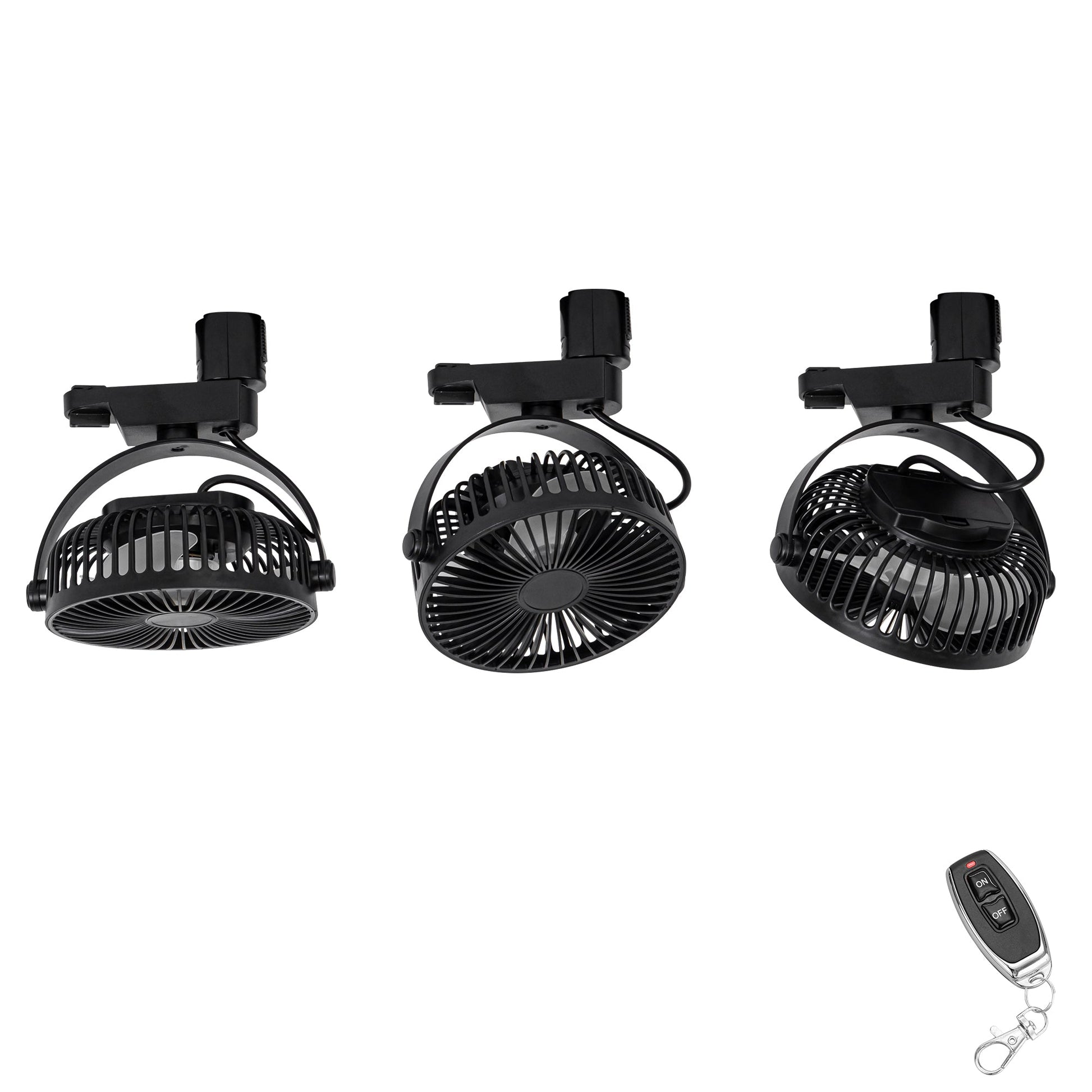 Black track ceiling fan with remote, adjustable angle, ideal for air circulation in kitchens and closets.