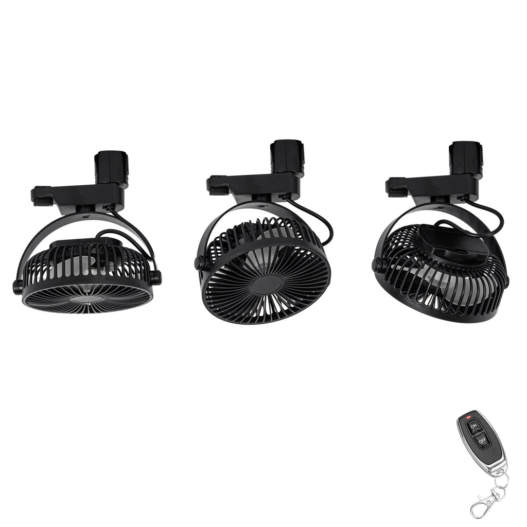 Black track ceiling fan with remote, adjustable angle, ideal for air circulation in kitchens and closets.