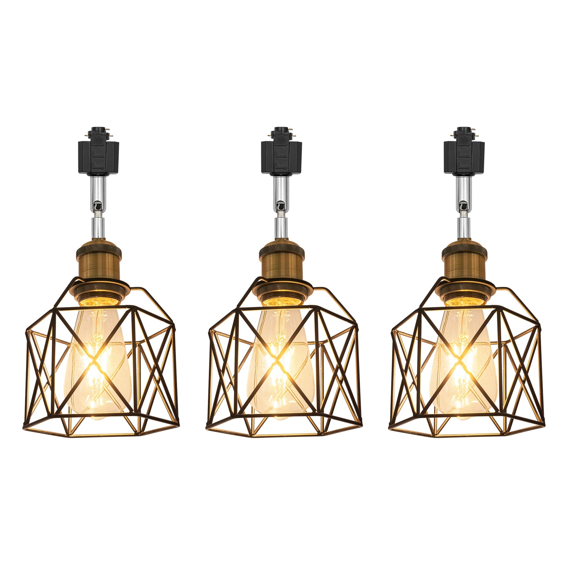 Black geometric cage track lights with Edison bulbs, adjustable and rotatable vintage design for accent lighting.