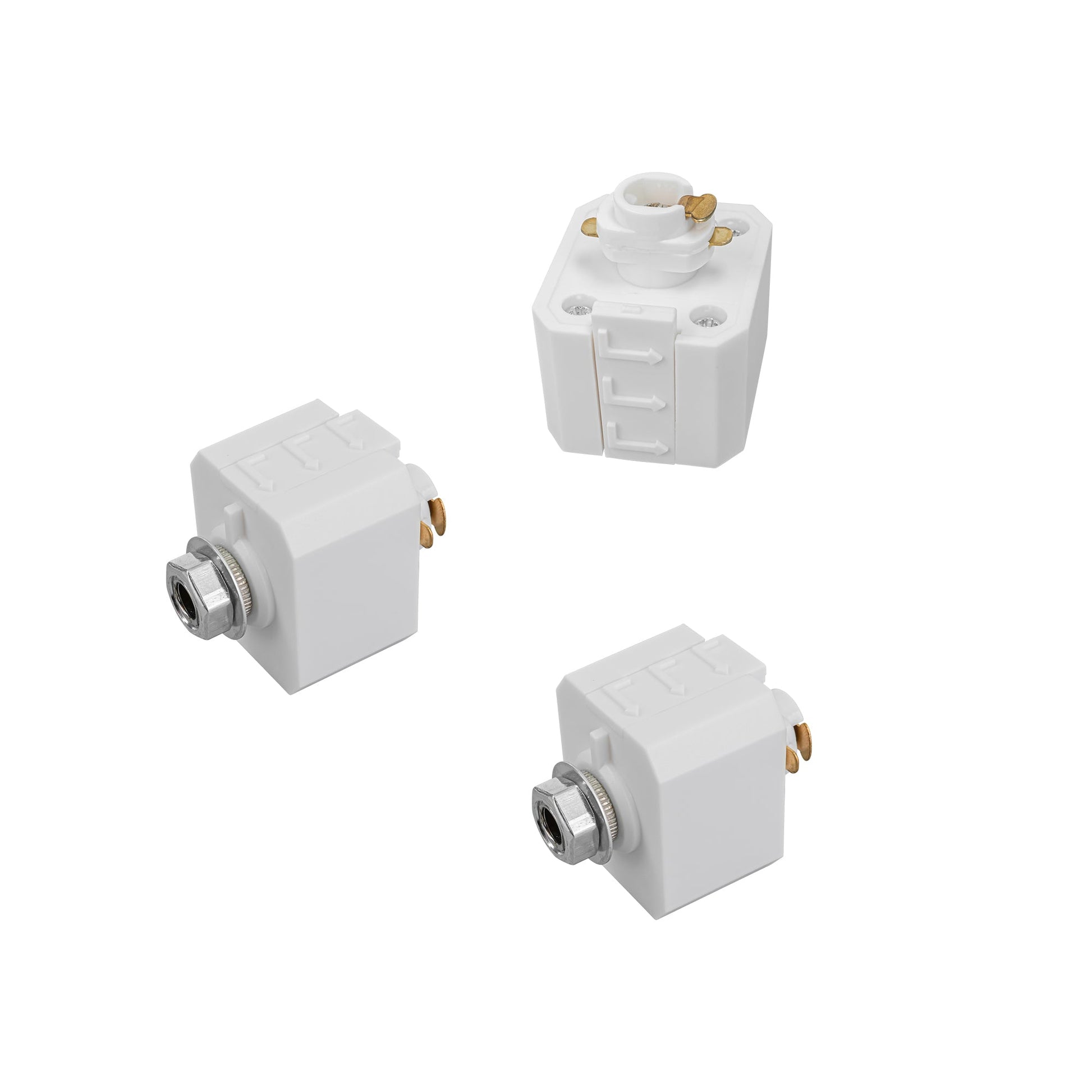 White Halo-Type track adapter fittings, PJ0217, 3-wire, for DIY stage lighting. Halo system compatible.