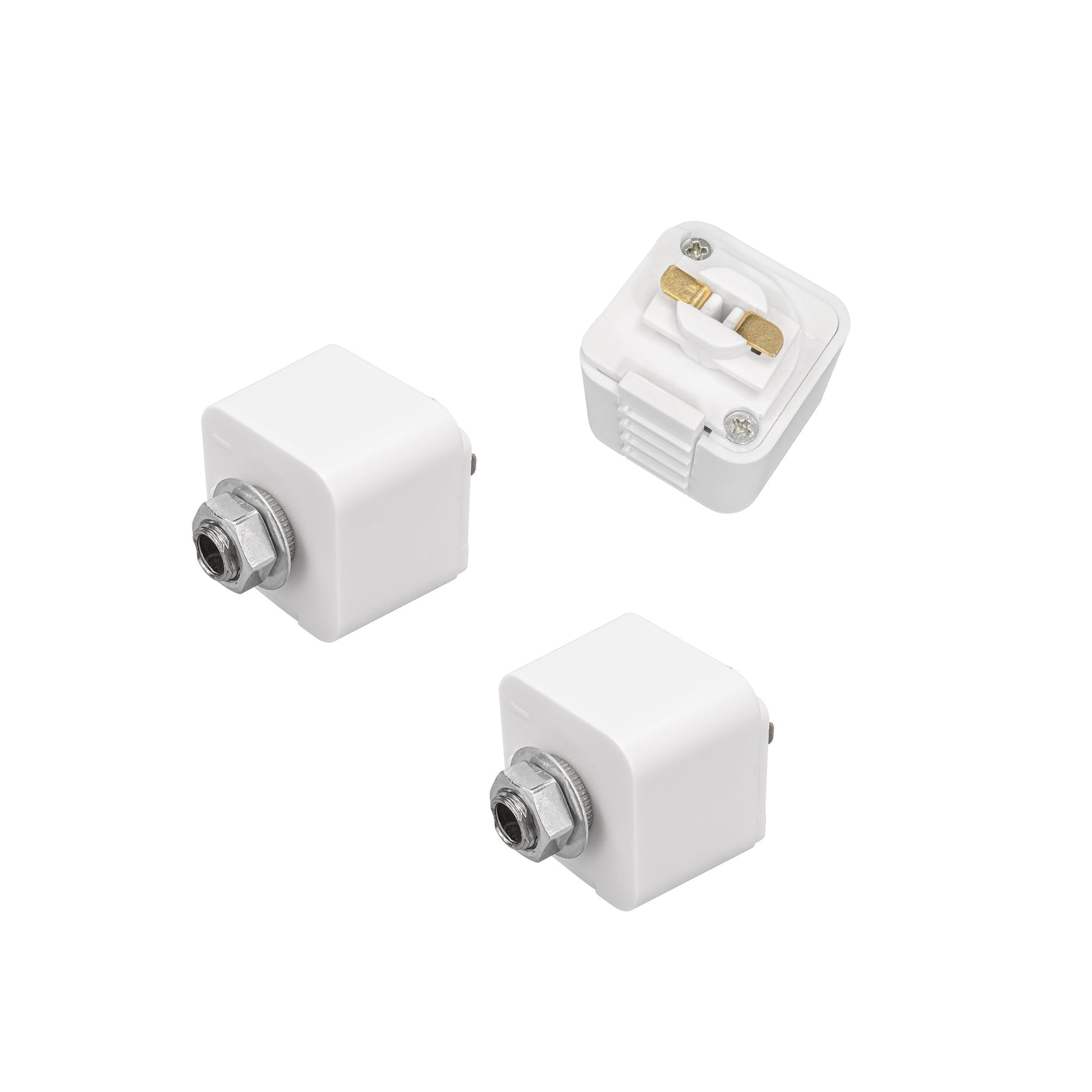White Lightolier track adapter for L system lighting with metallic bolt. Ideal for stage lighting DIY.