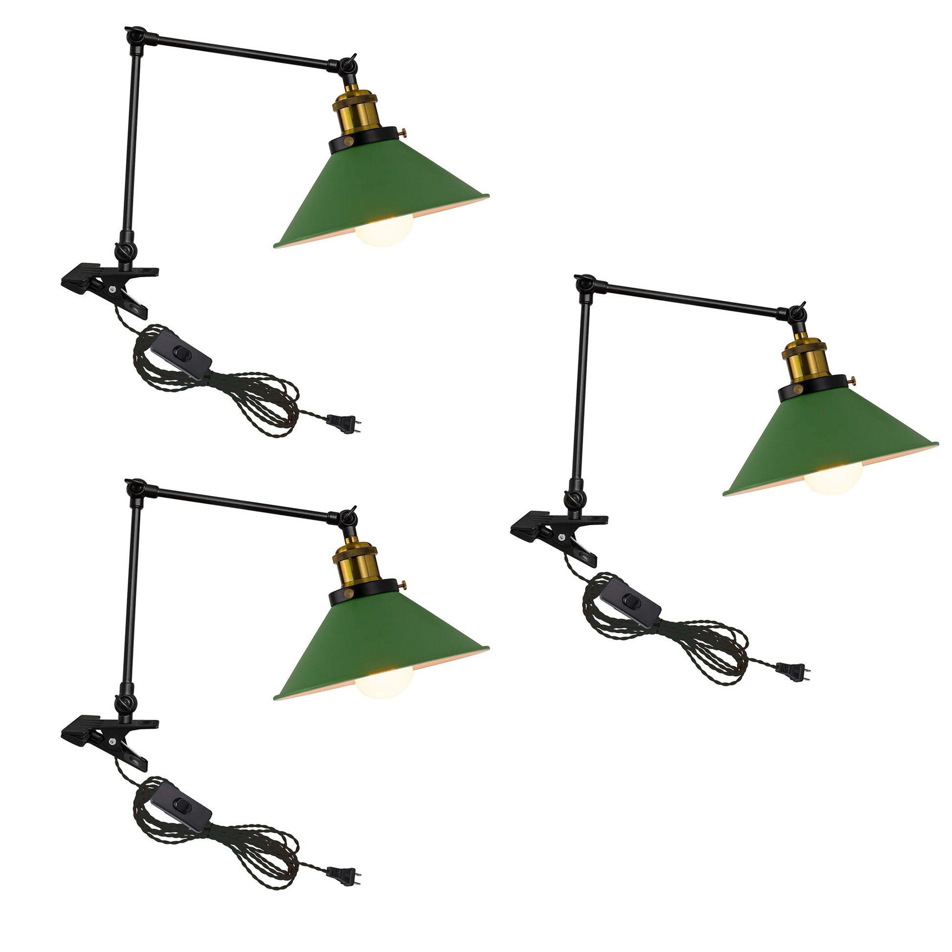 Green clip-on desk lamp, flexible arm for bookshelf or bedside lighting. Modern design for reading light.
