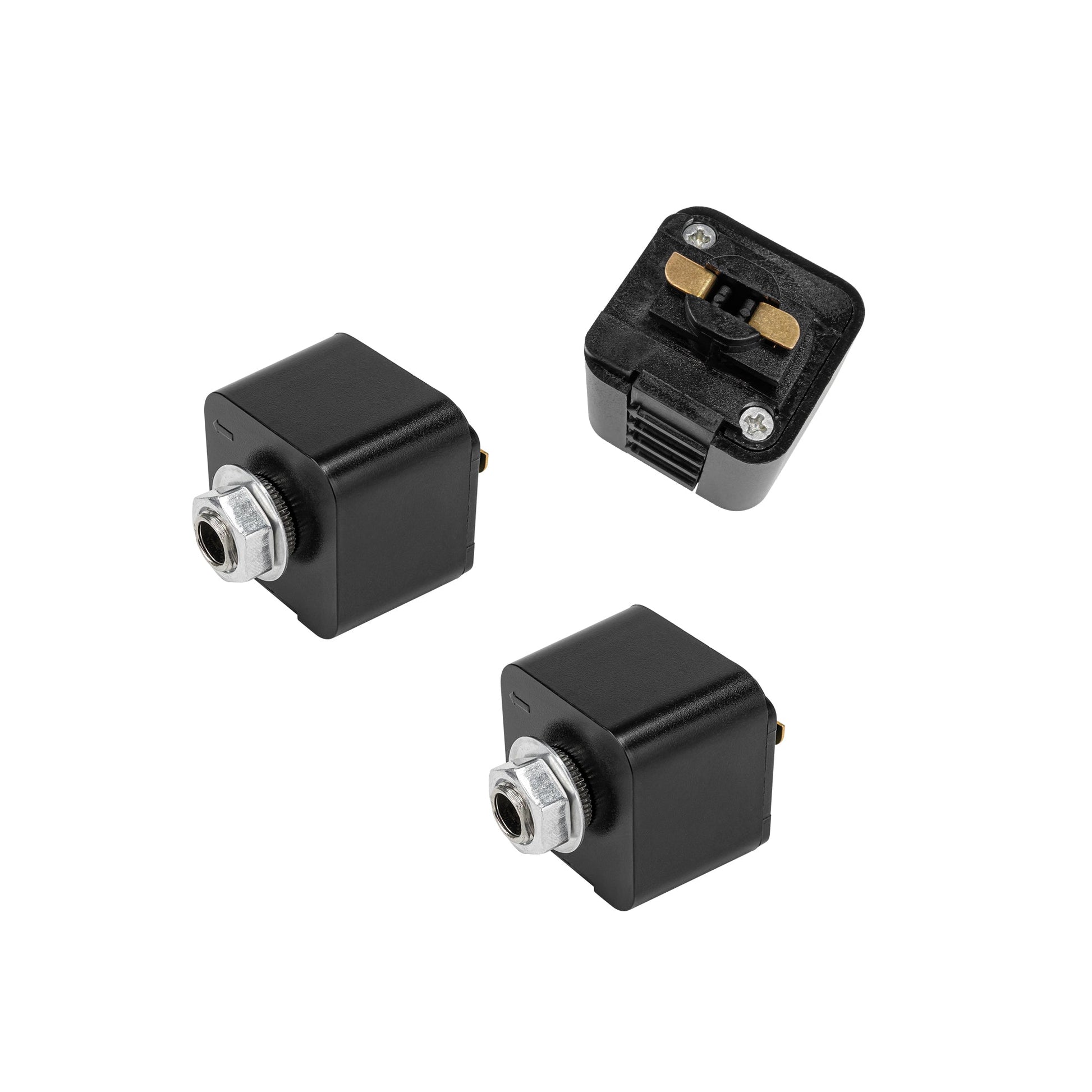 Black Lightolier-type track adapter fitting for track lighting. Compatible with L system for stage lighting DIY projects.