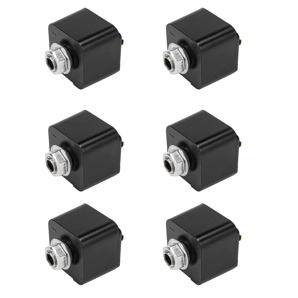 Black Lightolier track adapter fitting for stage lighting, L system compatible, with metal bolt.