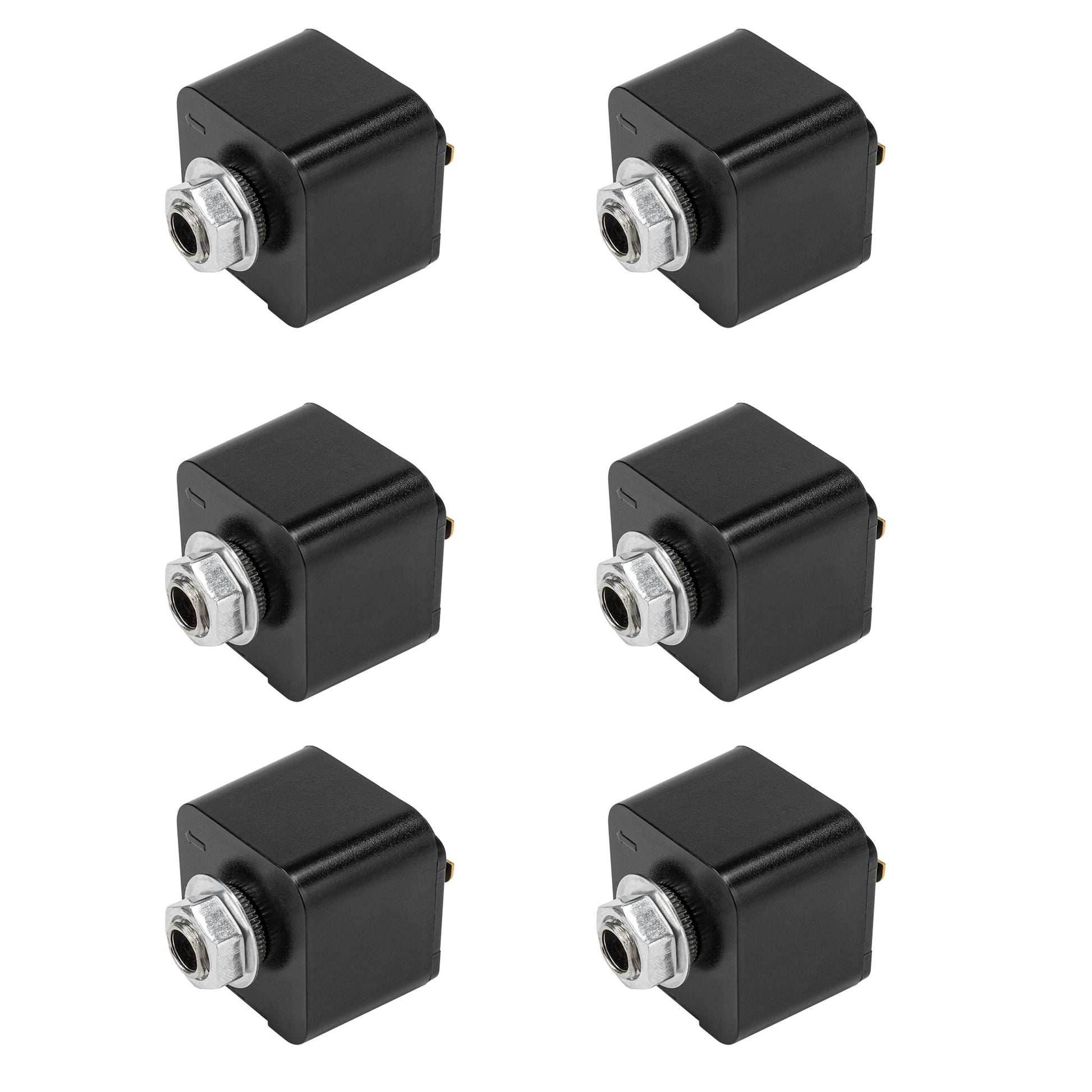 Black Lightolier track adapter fitting for stage lighting, L system compatible, with metal bolt.