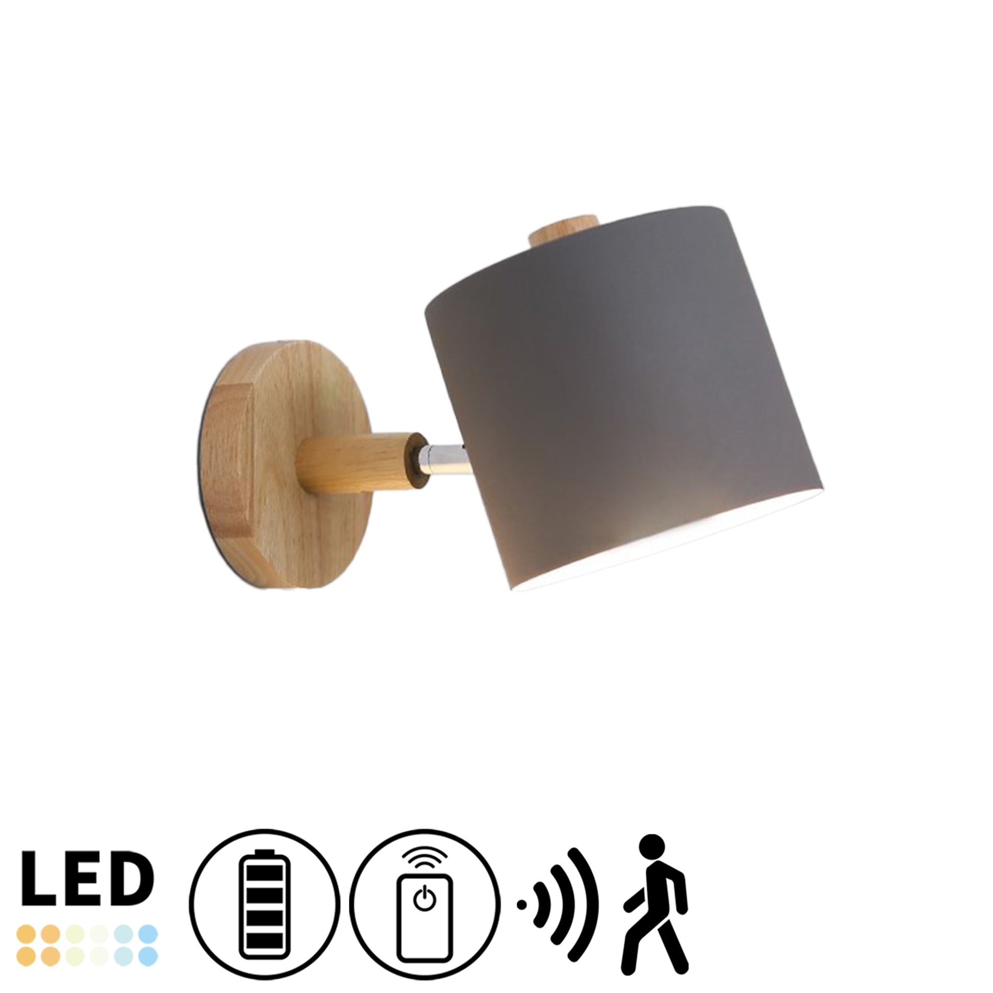 Kiven Lighting Gray Cylinder Shade Wall Sconce, Wood Base, LED, Battery-Powered, Remote Control.
