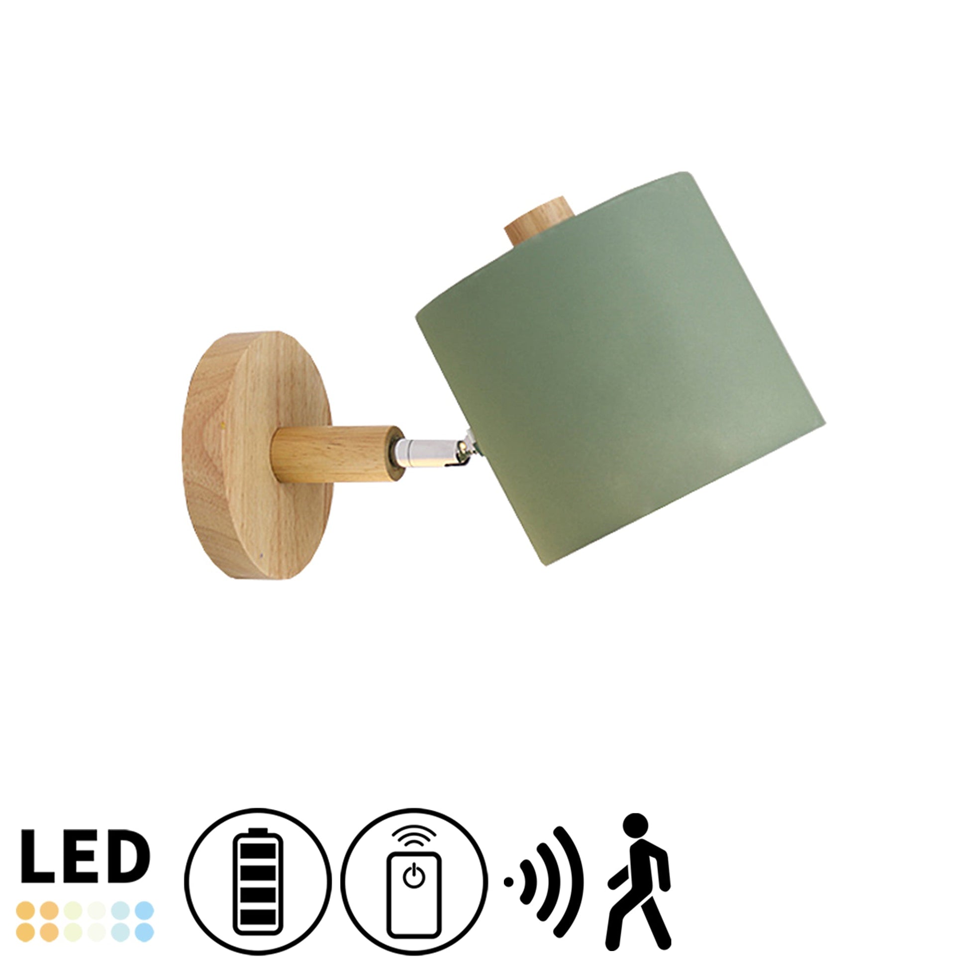 Kiven Lighting Green Cylinder Shade Wall Sconce, Wood Base, LED, Battery-Powered, Remote Control.