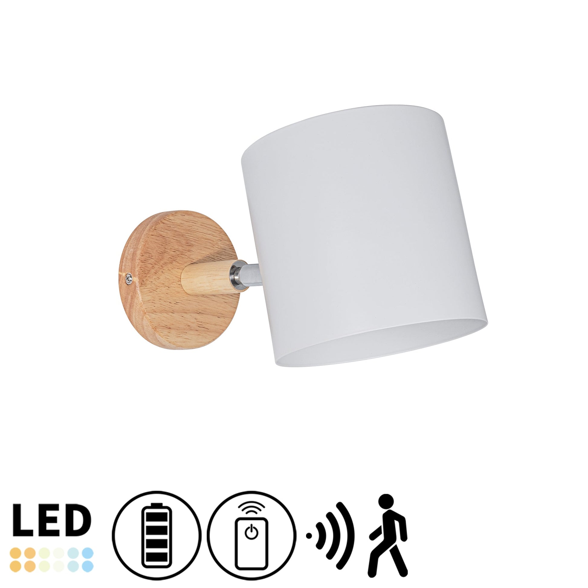 White cylinder shade wall sconce, wood base, LED, battery-powered, remote control.