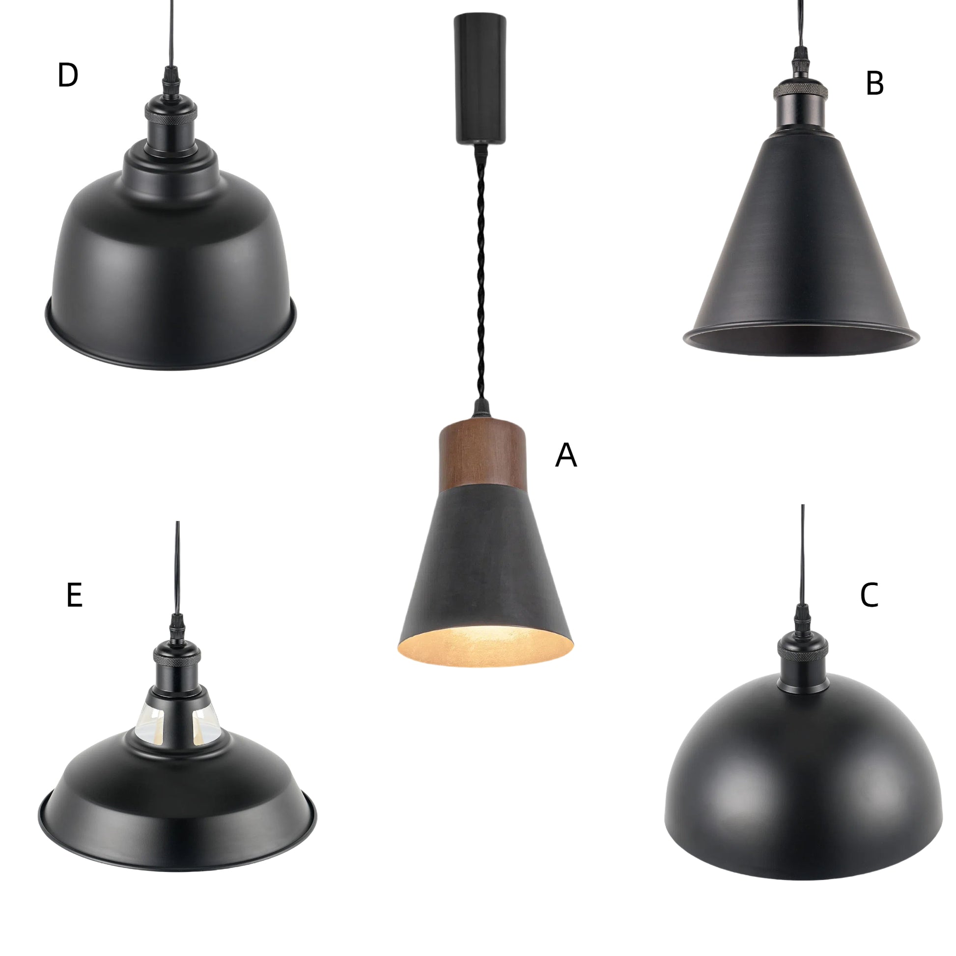 Industrial style pendant lights for track systems in black metal - A, B, C, D, E designs
