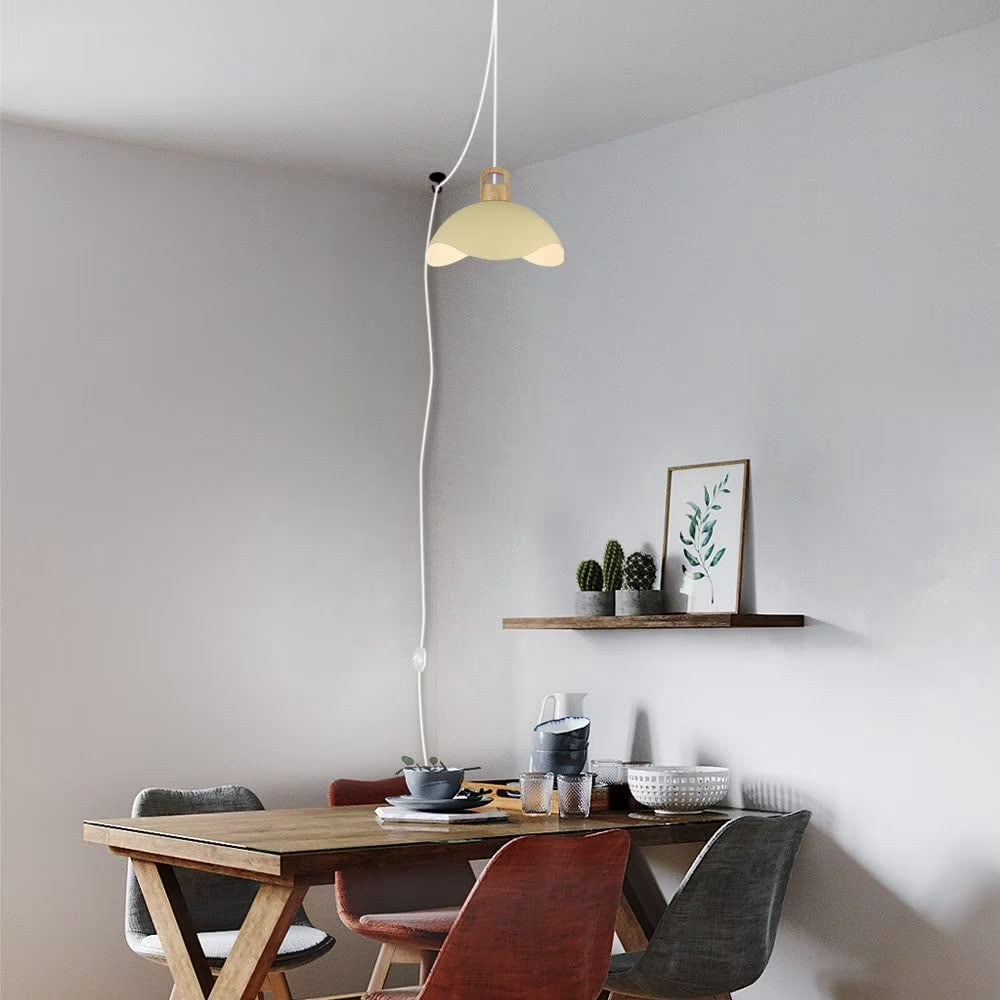 Kiven Modern Plug-in Pendant Light with Wavy Shade & Wood Top, Dimmable Hanging Cord Light