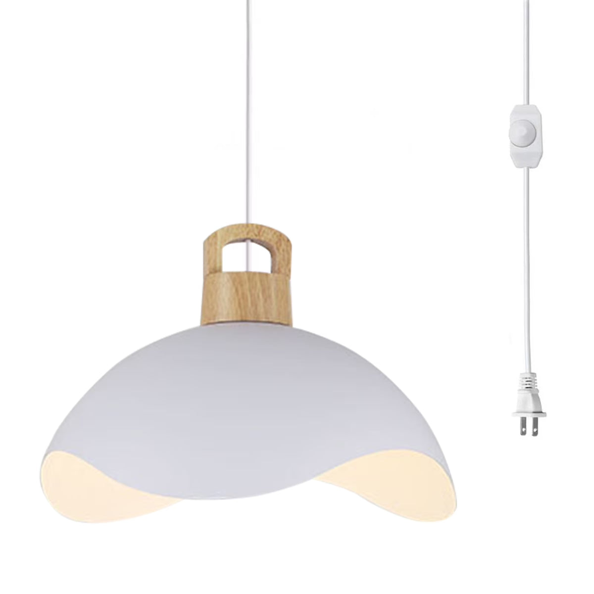 Kiven Modern Plug-in Pendant Light with Wavy Shade & Wood Top, Dimmable Hanging Cord Light