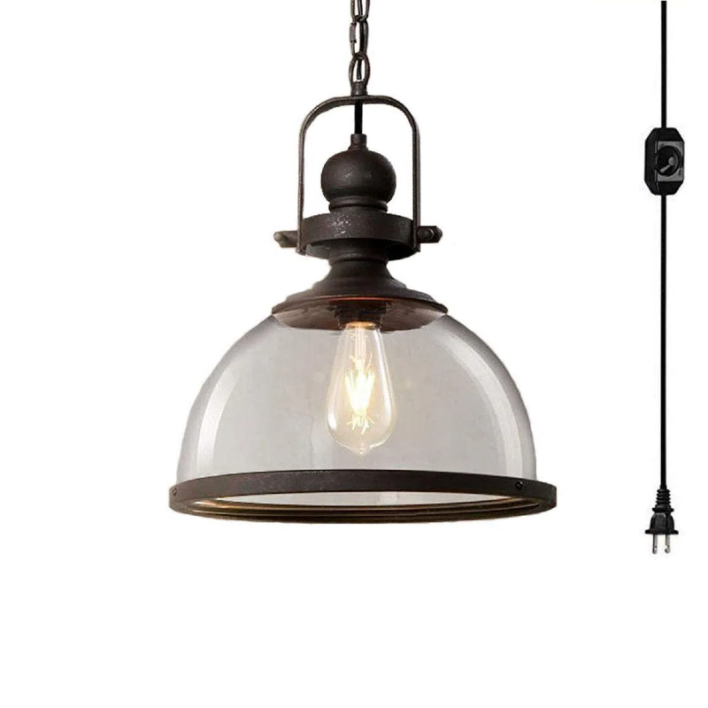 1-Light Plug in Clear Glass Pendant Light, Black Modern Handmade