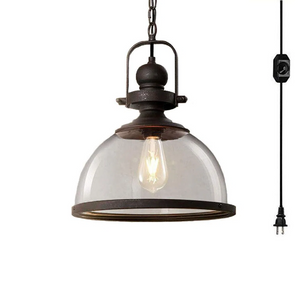 1-Light Plug in Clear Glass Pendant Light, Black Modern Handmade