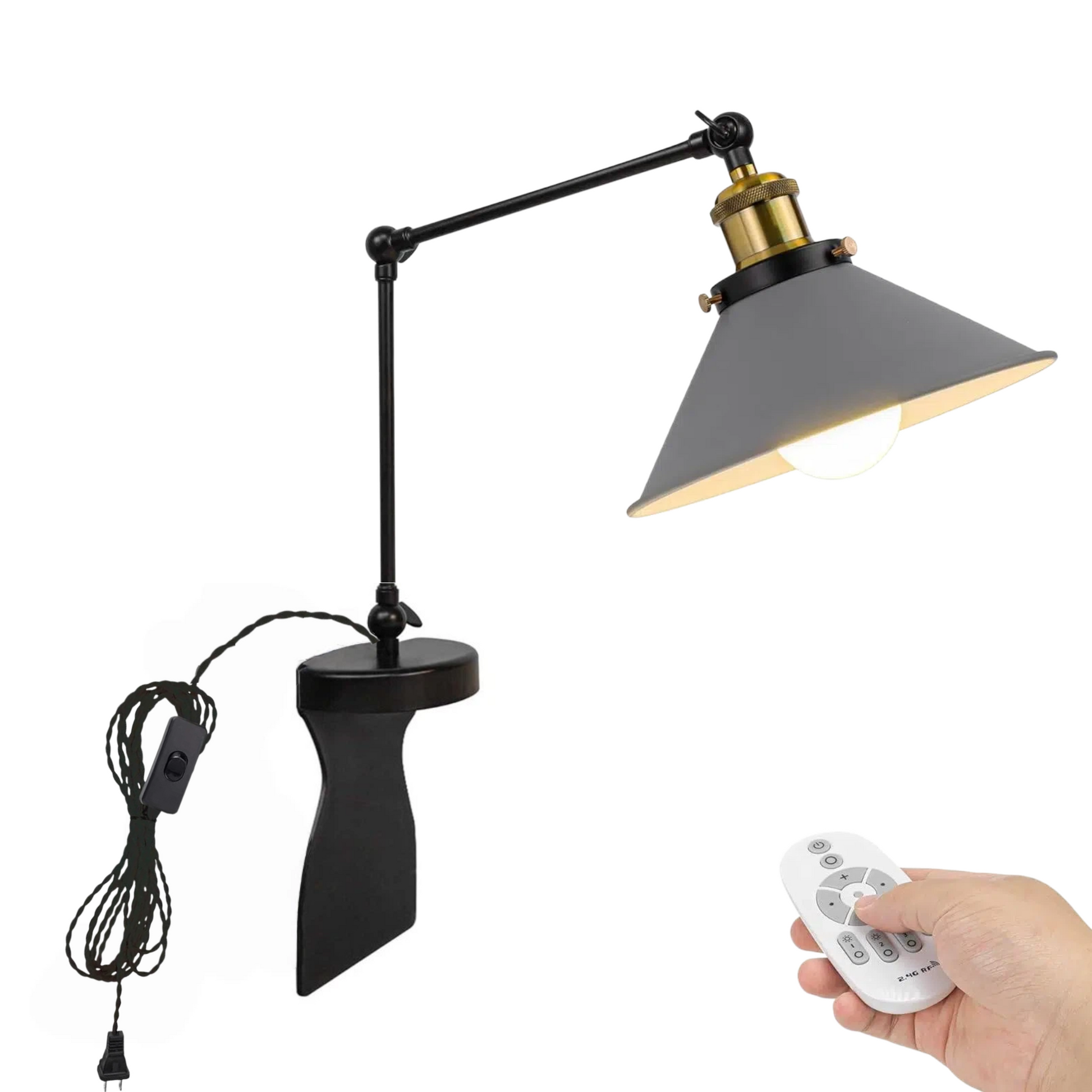 Kiven headboard reading light, adjustable swing arm, dimmable LED, gray lampshade, remote control