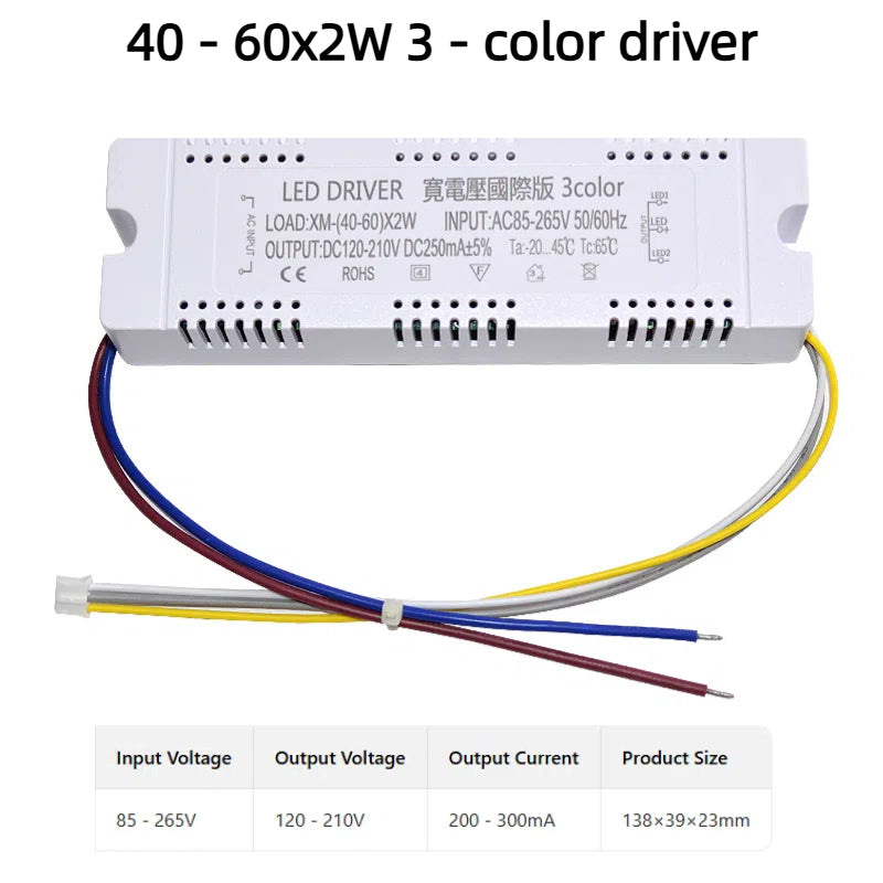Kiven 110V Full Spectrum LED Driver - 3-Color Dimmable, 8-24-36-40-50-60-80Wx2W Full Power Power Supply