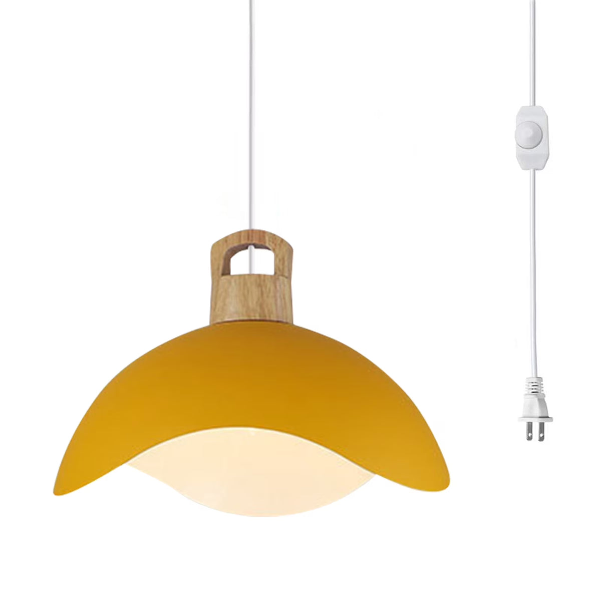 Kiven Modern Plug-in Pendant Light with Wavy Shade & Wood Top, Dimmable Hanging Cord Light