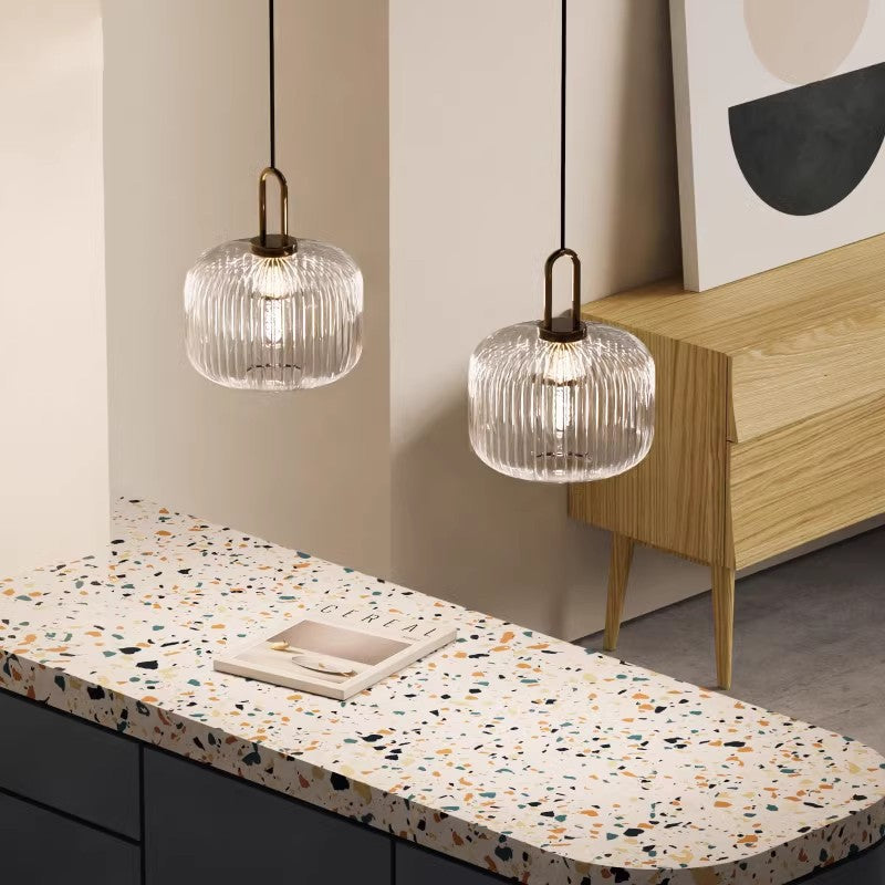 Kiven Vintage Industrial H Type Pendant Light with Clear Ribbed Glass Shade and U-Shape Handle, for Kitchen Island & Bar