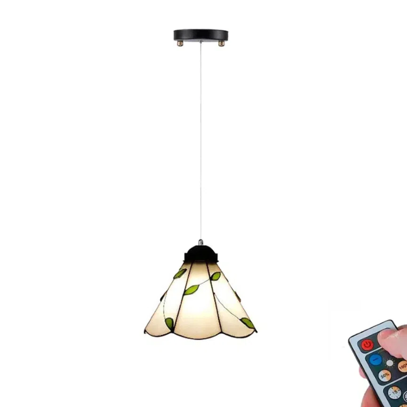 Battery Operated Pendant Light Adjustable Iron Cable Wireless Remote Tiffany Glass 1-Pack