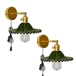 Kiven 2-Lamps Plug in PIR Motion Sensor Wall Sconces UL 5.9 Ft Button Cord,E26 Base,Copper Base Green Glass Shade Vintage Wall Light Fixture for Hallway Bedroom Hotel Balcony Entrance (No Bulb)