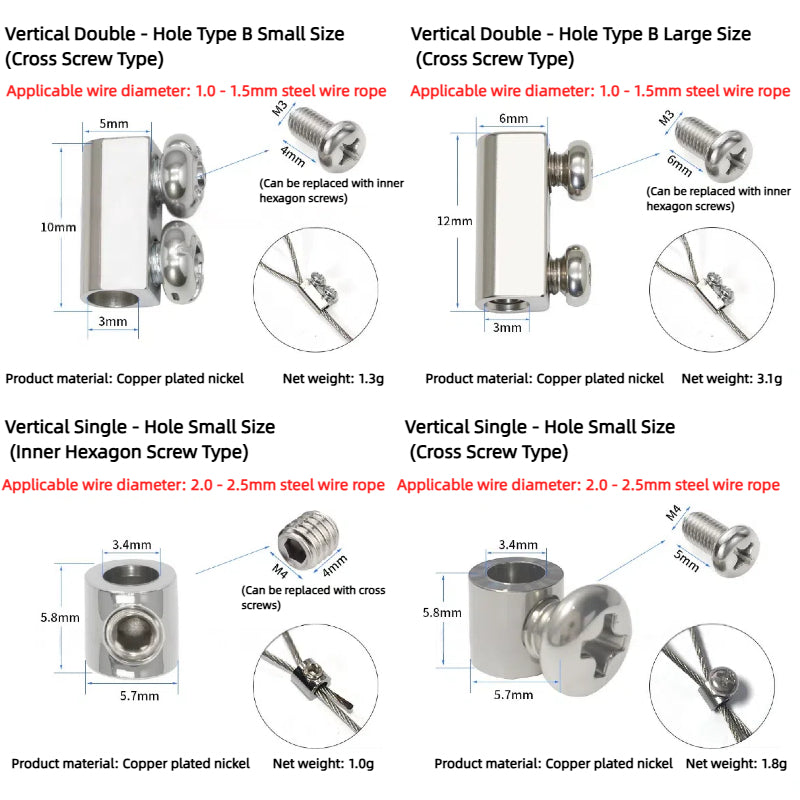 Kiven 304 Stainless Steel Wire Rope Locking Device, Adjustable Self-Locking Double-Hole Cable Clamp for Clothes Hanger/Picture Hanging - Customizable