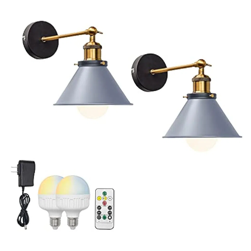 Kiven 2 Pack Simple Match E26 Base Rechargeable LED Bulb Remote Control Wall Lamp Grey Shade Metal Modern Design Sconce for Kitchen Bar Home Bulb Included