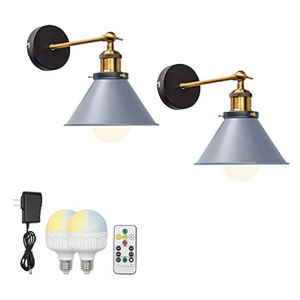 Kiven 2 Pack Simple Match E26 Base Rechargeable LED Bulb Remote Control Wall Lamp Grey Shade Metal Modern Design Sconce for Kitchen Bar Home Bulb Included