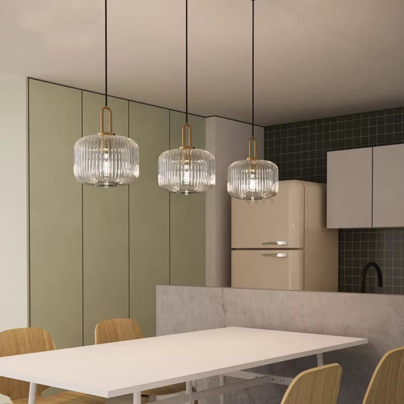 Kiven Vintage Industrial H Type Pendant Light with Clear Ribbed Glass Shade and U-Shape Handle, for Kitchen Island & Bar