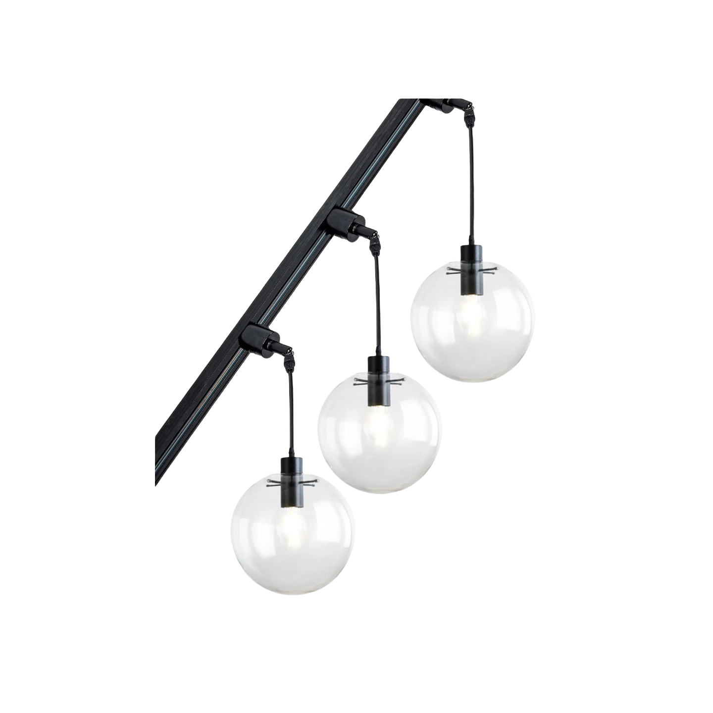 Modern sloped track light fixture with three glass globe shades, perfect for inclined roofs.