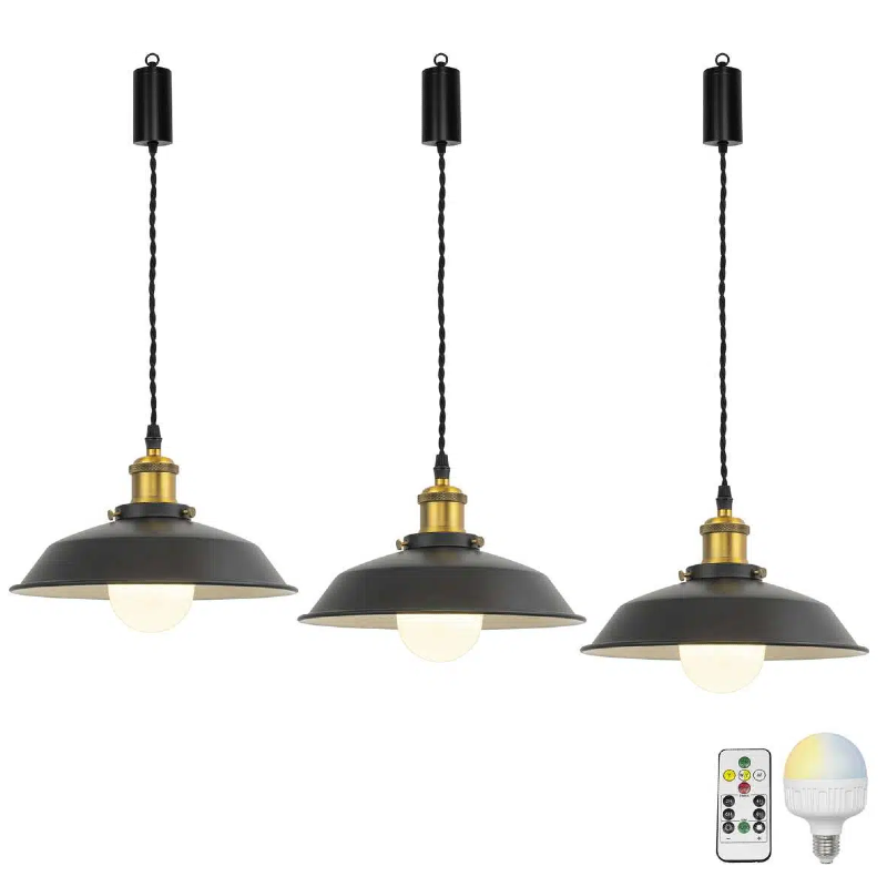 Rechargeable Battery Adjustable Cord Pendant Light Matt Gold Base With Metal Shade Smart LED Bulbs with Remote Retro Design