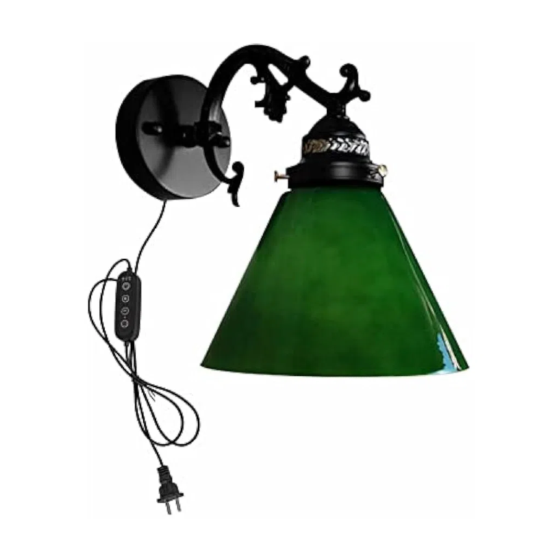 Kiven Plug in Wall Lamp,Green Industrial Wall Sconce with Glass Lampshade, 5.9ft Plug-in Cord, On/Off Switch, 1-Light Dimmable Wall Lights Fixtures for Bedside Reading E26 Base