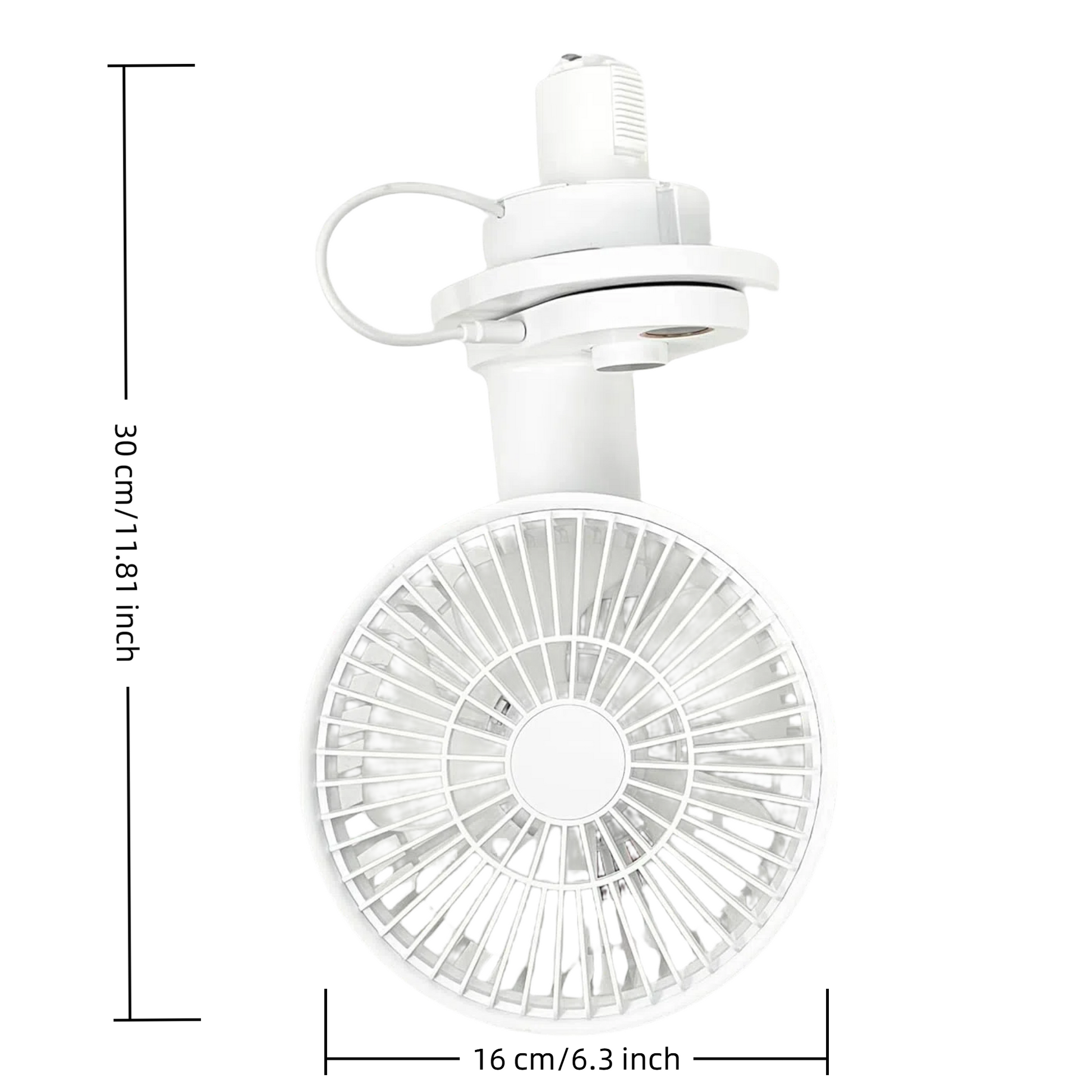 White H-type track fan, dimensions 30cm x 16cm, ideal for track lighting and warehouse ventilation.