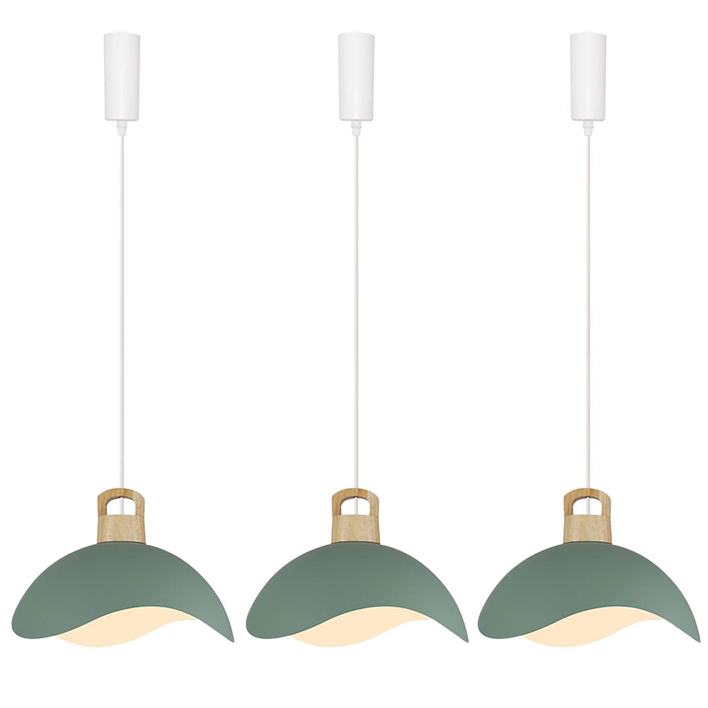Sage green pendant track lights with wooden accents, adjustable length, ideal for modern home lighting.