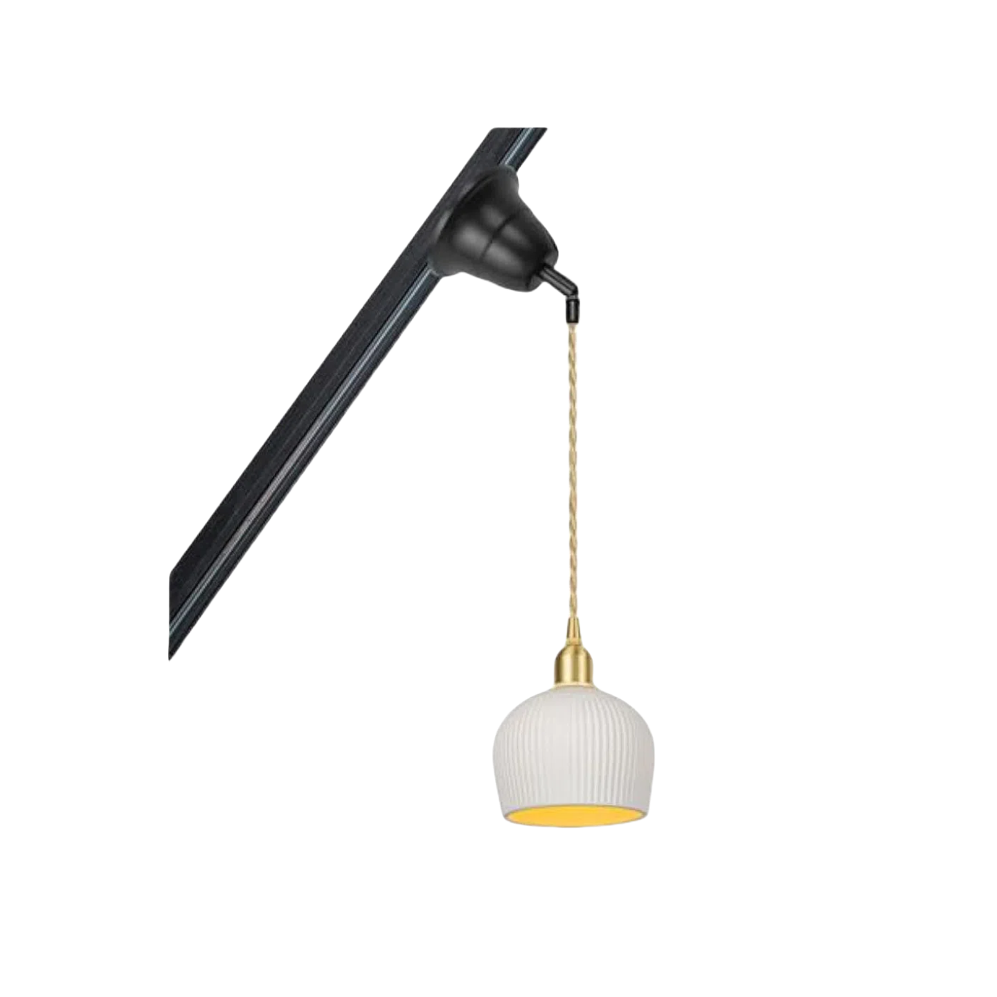 White ceramic pendant light with ribbed shade, gold interior, and black track mount for adjustable cord.