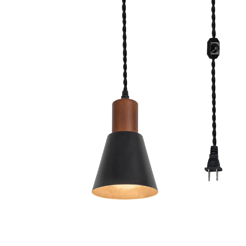Plug In Outlet Corded Hanging Light Walnut Base Metal Black/White Shade Retro Living Lamp