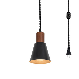 Plug In Outlet Corded Hanging Light Walnut Base Metal Black/White Shade Retro Living Lamp
