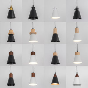 Plug In Outlet Corded Hanging Light Walnut Base Metal Black/White Shade Retro Living Lamp