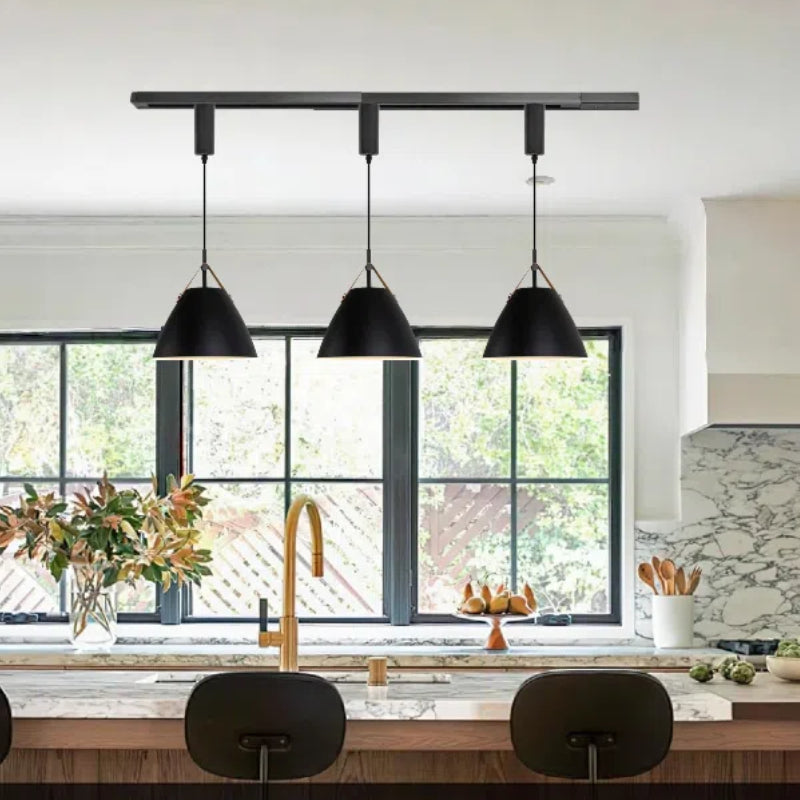 Kiven J-Type Track Lighting Fixture, Modern Juno Track Pendant Light with Built-in Cable Wrapper and Black Iron Lampshade, Adjustable Length for Bedroom Kitchen Home Lighting, 1-Light