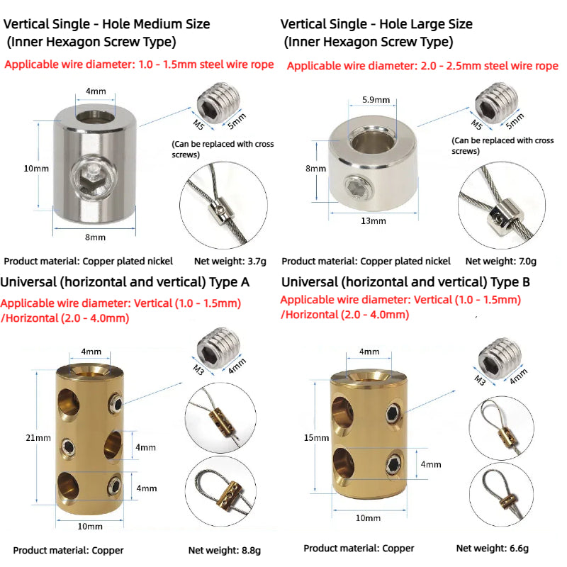 Kiven 304 Stainless Steel Wire Rope Locking Device, Adjustable Self-Locking Double-Hole Cable Clamp for Clothes Hanger/Picture Hanging - Customizable