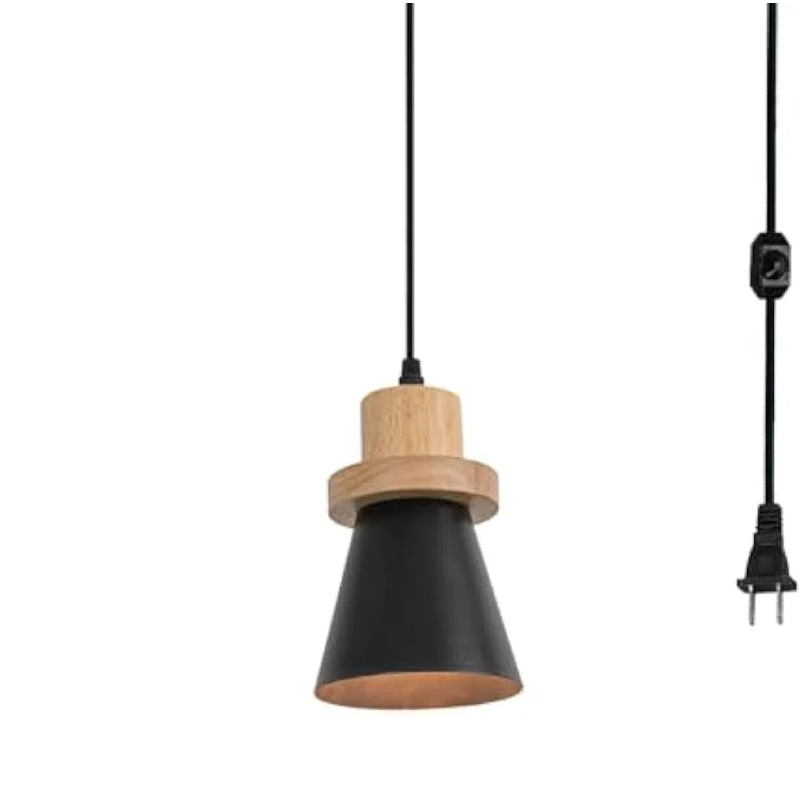 Dimmable Plug in Cord 15 Or 19.6 Feet E26 Wood Base Metal Shade Simple Design Hanging Pendant Light