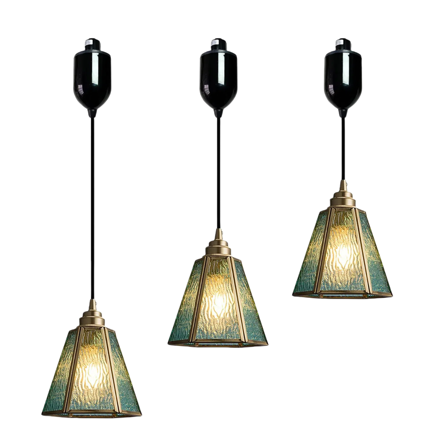 3-Light Track Lighting Pendant with Antiqued Glass Shades, ideal for kitchen or dining room lighting.